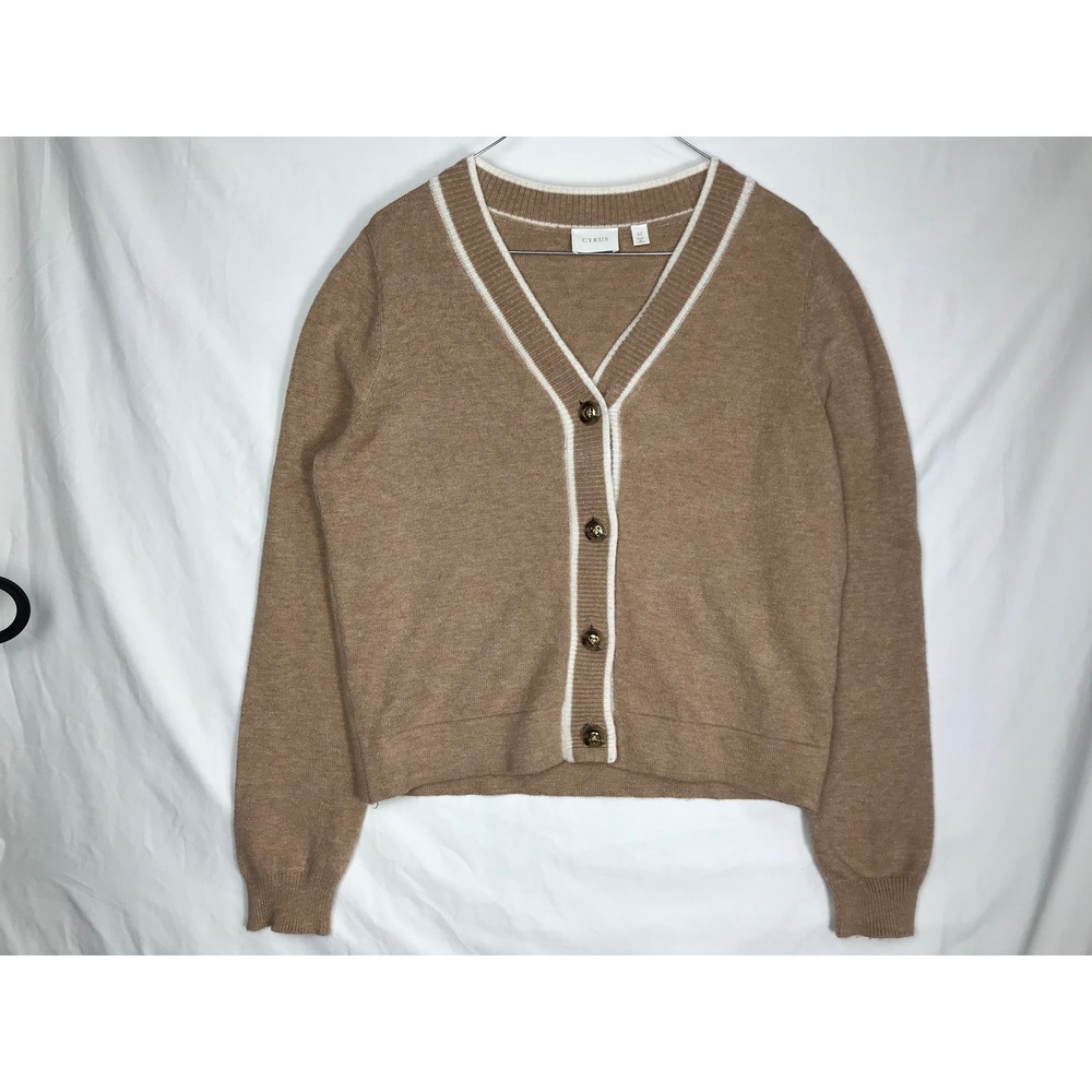 Cyrus Womens Tan V-Neck Button Front Cardigan Sweater White Trim C702359TJ M